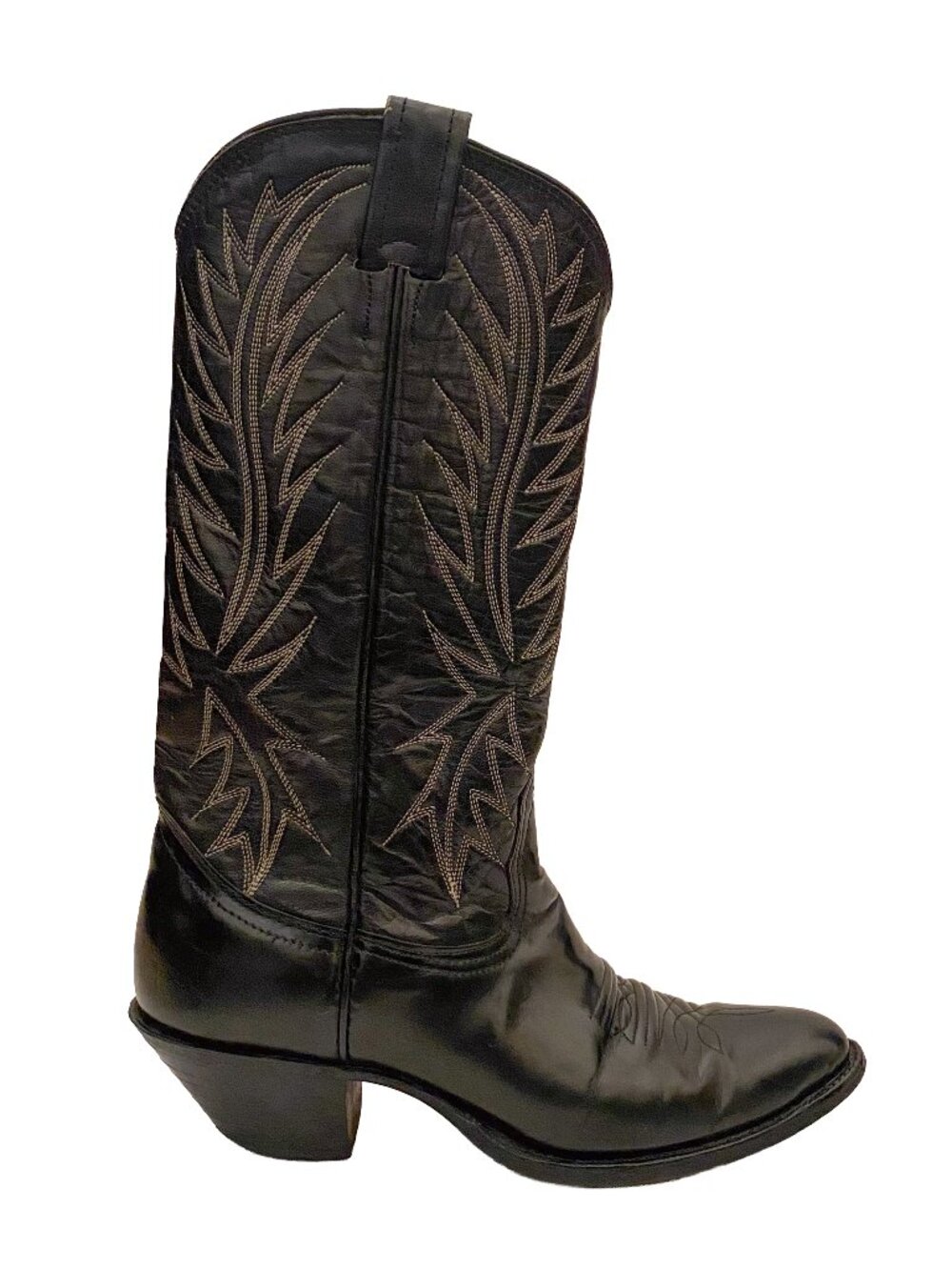 Vintage Nocona Black Leather Cowboy Boots Tall Stitch Inlay Made in USA Size 7